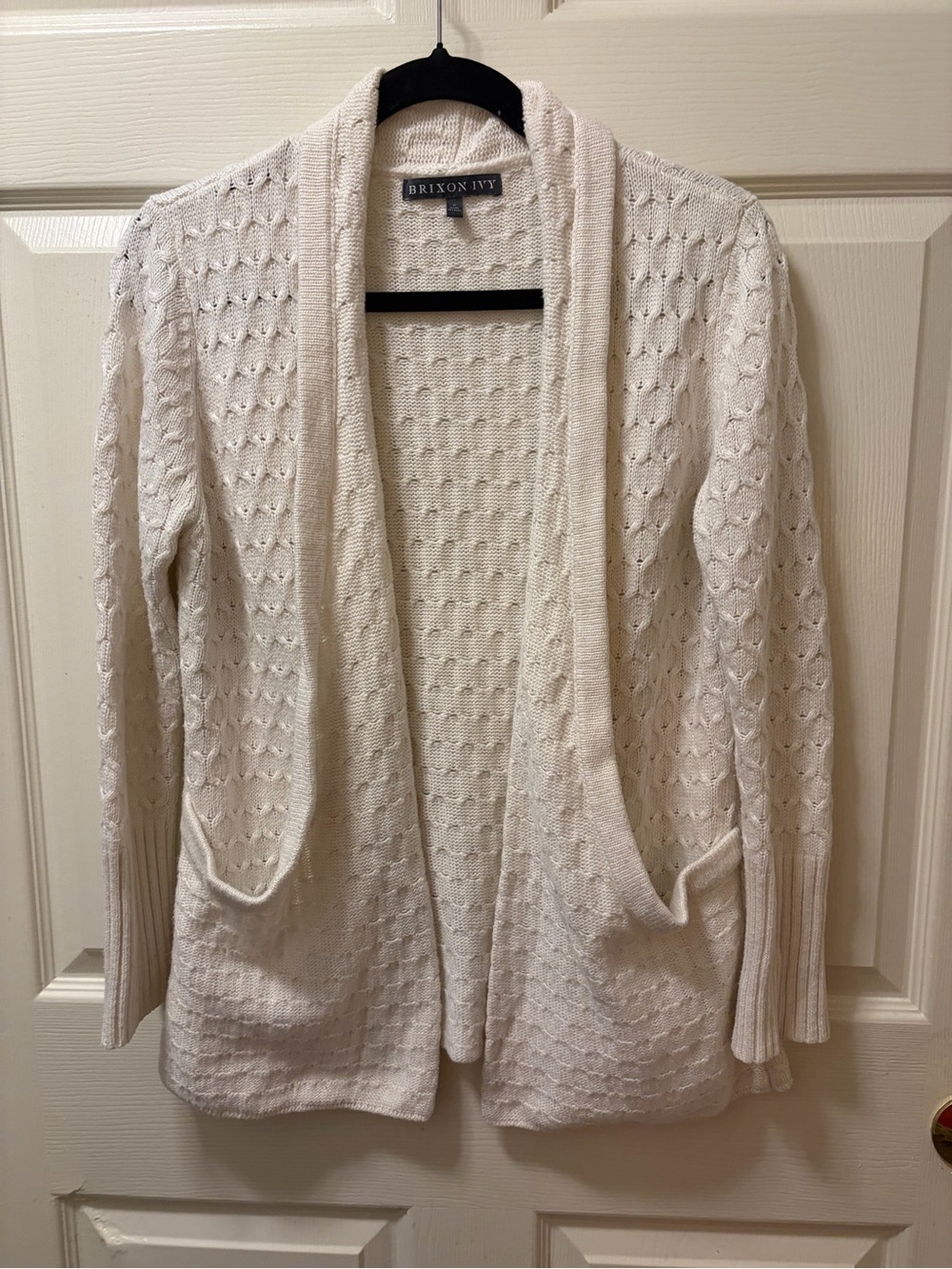 Brixon Ivy Womens Small Ivory Cream Textured Knit Open Front Cardigan Pockets